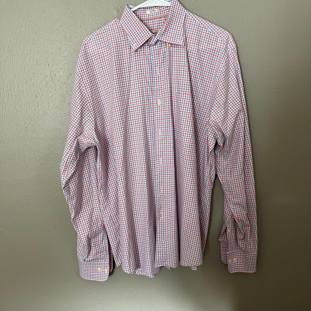 PETER MILLAR Crown Finish Blue and Pink Plaid Button-Up Polo Shirt Size Large